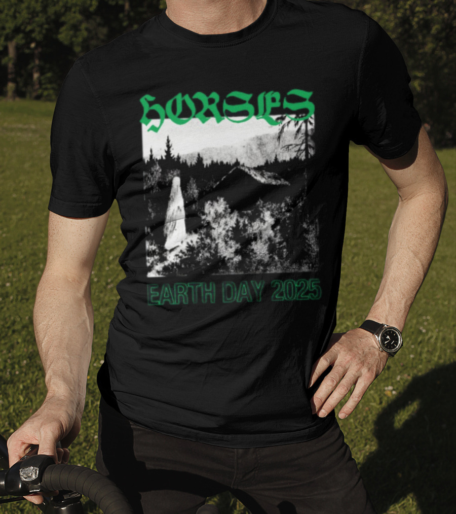 Horses Earth Day 2025 Ghostly Forest Cabin Scene T-Shirt