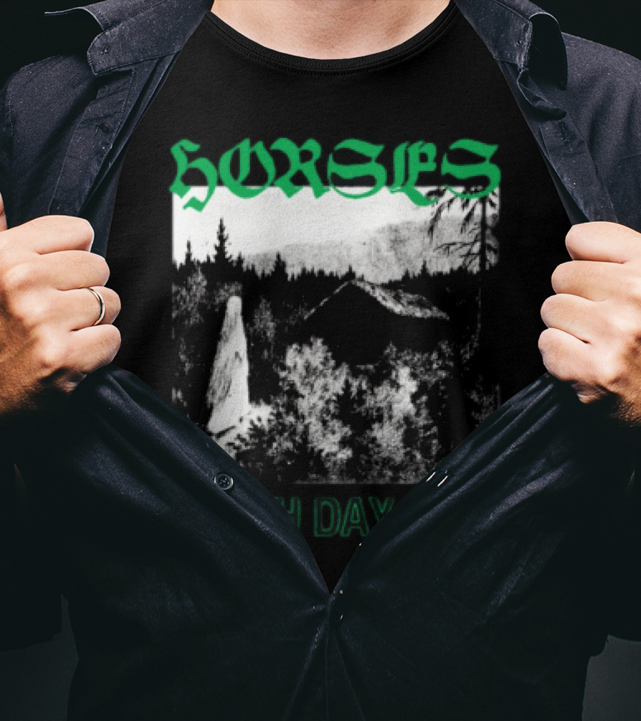 Horses Earth Day 2025 Ghostly Forest Cabin Scene T-Shirt