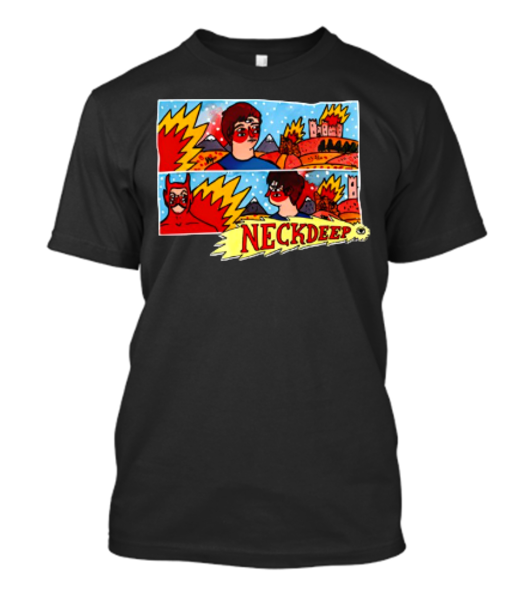 Neck Deep 10 Year Anniversary Comic Style Superhero Scene T-Shirt