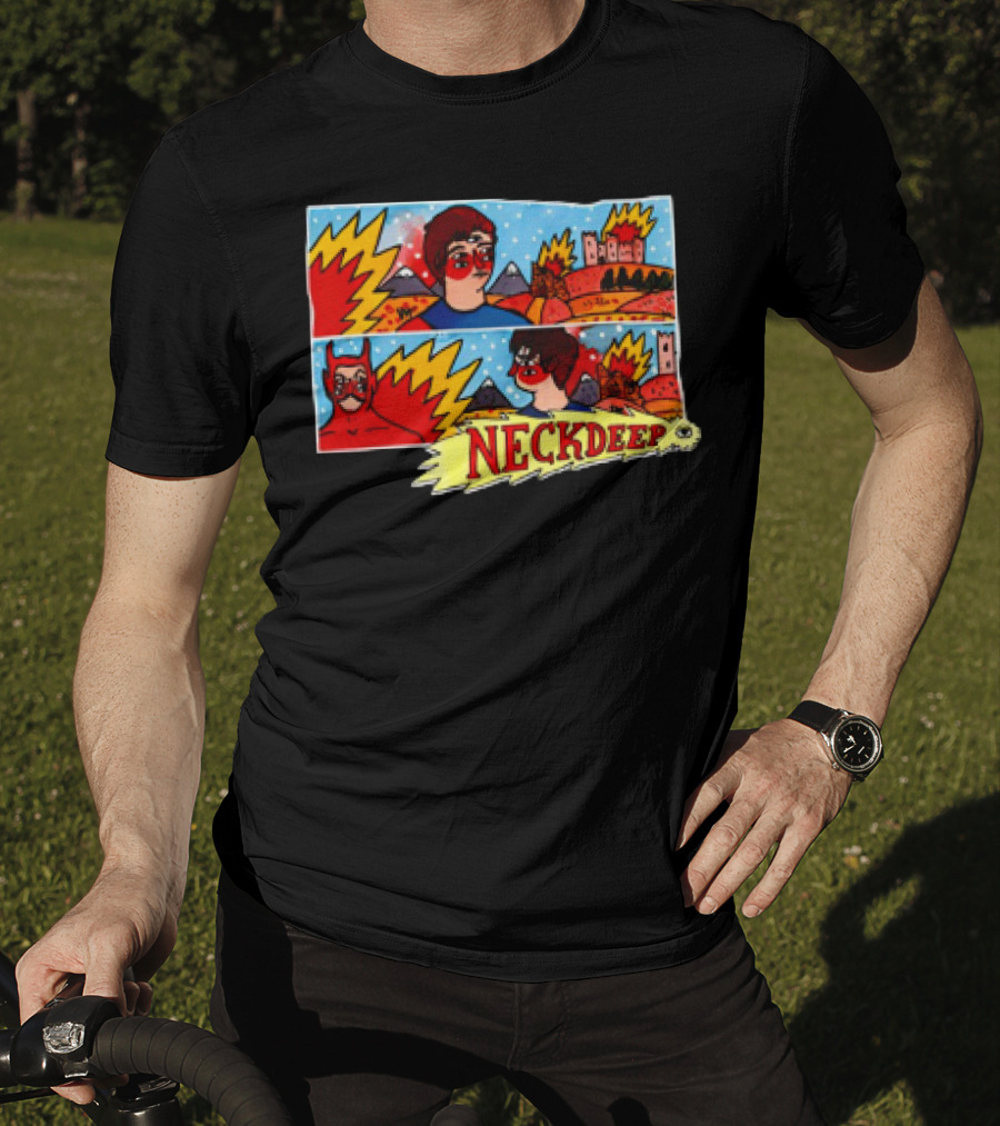 Neck Deep 10 Year Anniversary Comic Style Superhero Scene T-Shirt
