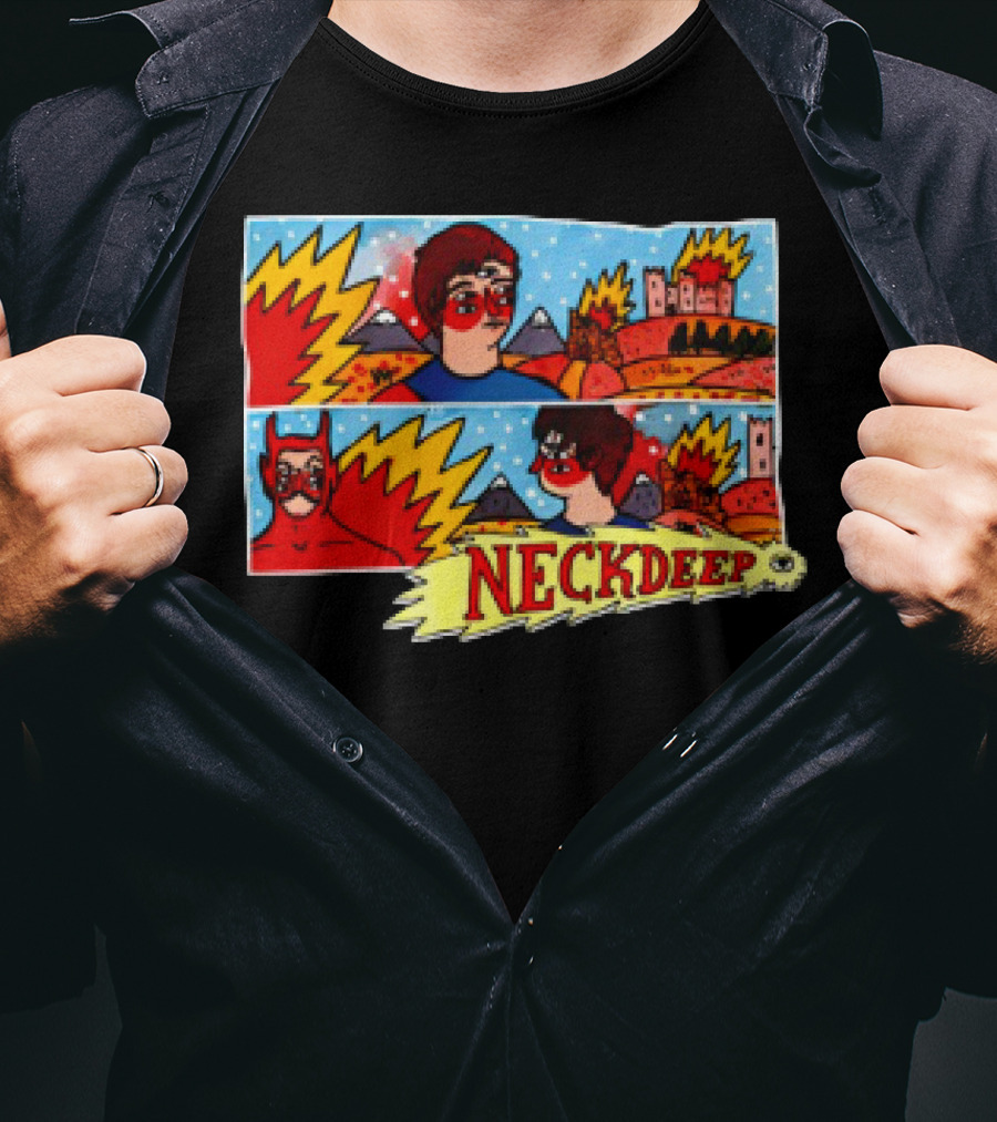 Neck Deep 10 Year Anniversary Comic Style Superhero Scene T-Shirt