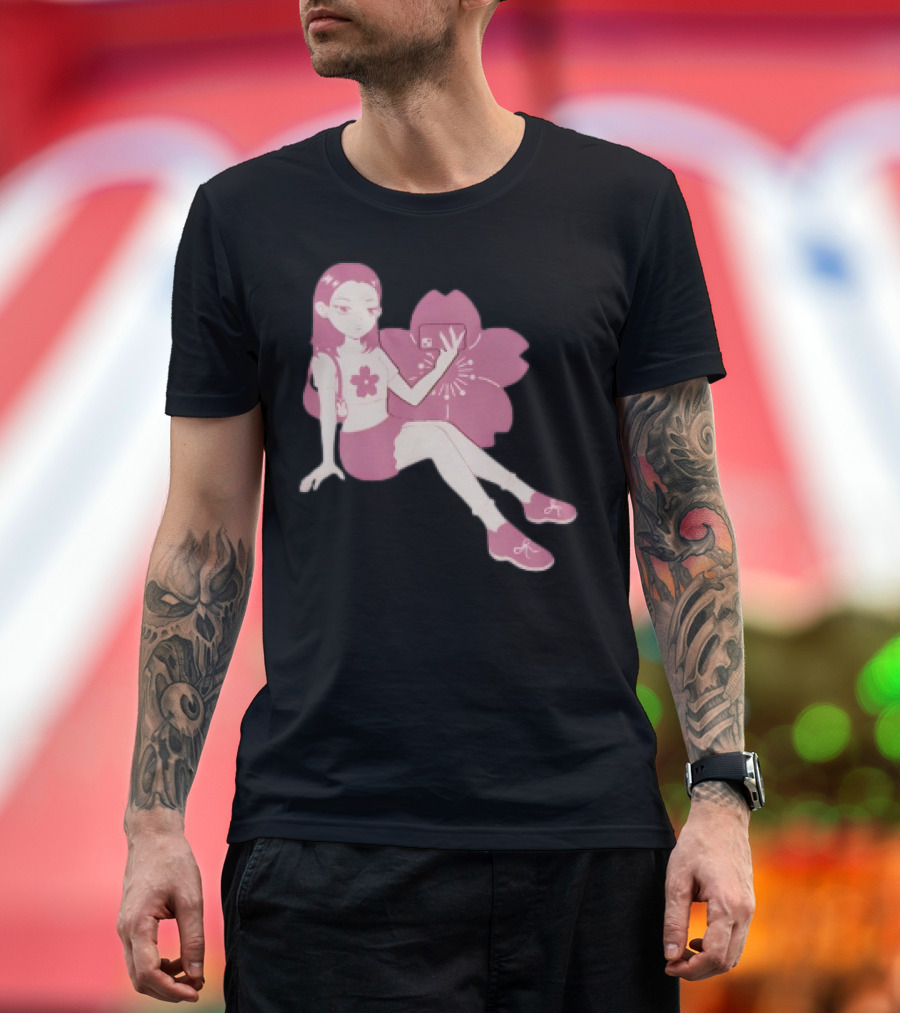 Mandys Brown Anime Style Girl Sakura Blossom Pattern T-Shirt