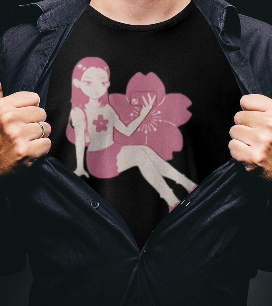 Mandys Brown Anime Style Girl Sakura Blossom Pattern T-Shirt