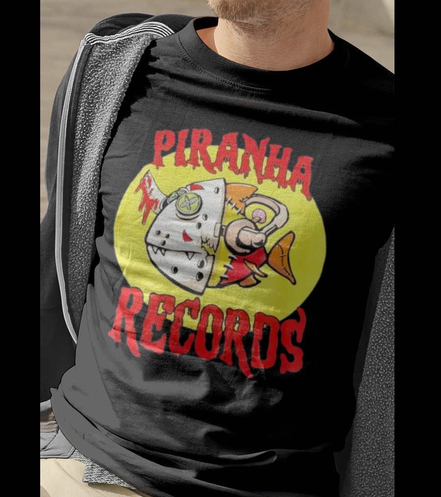 Piranha Records Cartoon Fish Bite Graphic T-Shirt