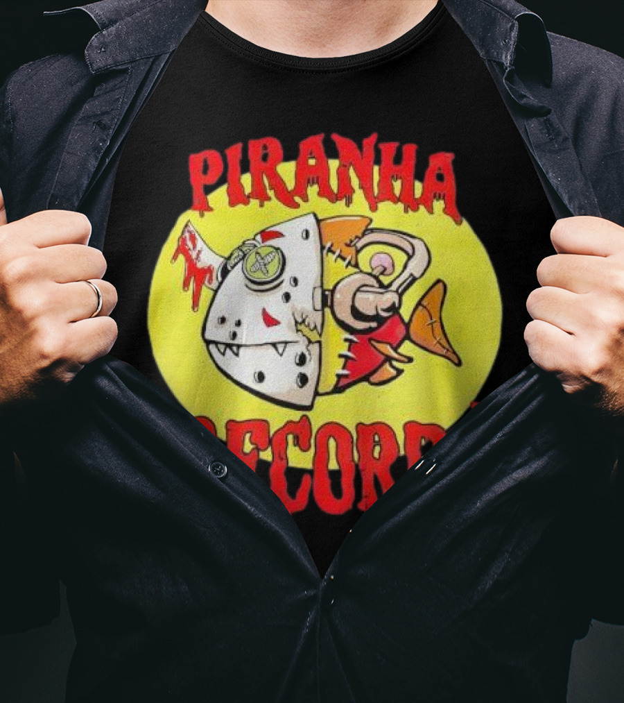 Piranha Records Cartoon Fish Bite Graphic T-Shirt