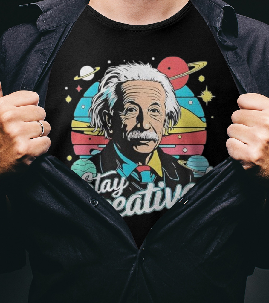 Albert Einstein Stay Creative Vintage Planets Space Theme T-Shirt