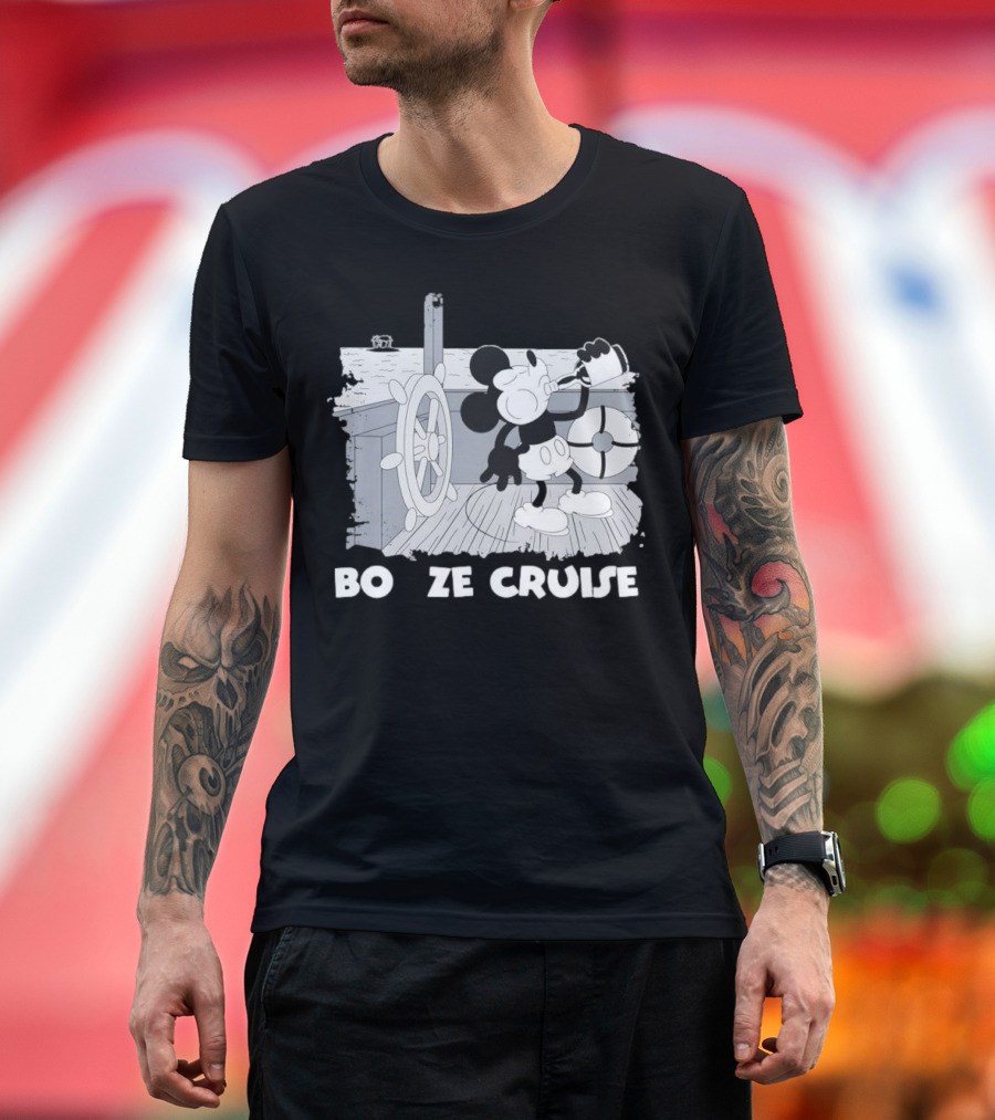 Booze Cruise Cartoon Character With On Vintage Sailing Scene T-Shirt