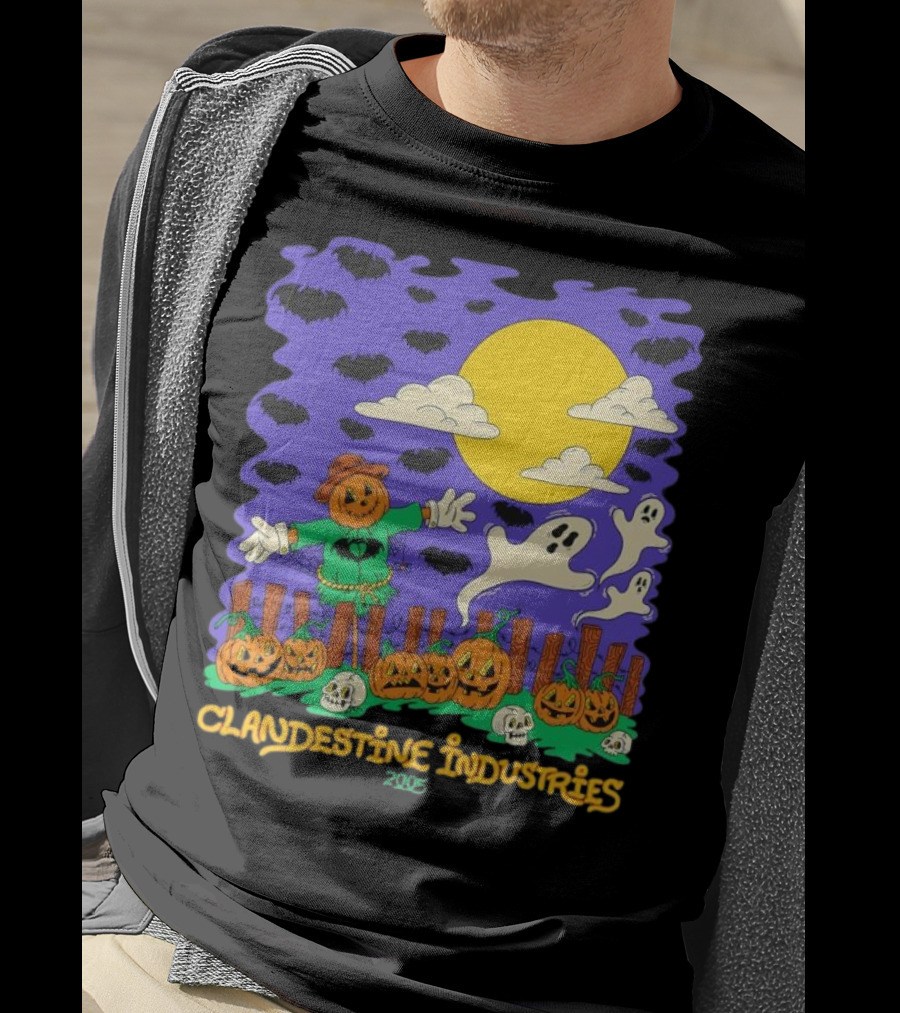 Clandestine Industries 2005 Halloween Scarecrow Ghosts Pumpkins Bats T-Shirt