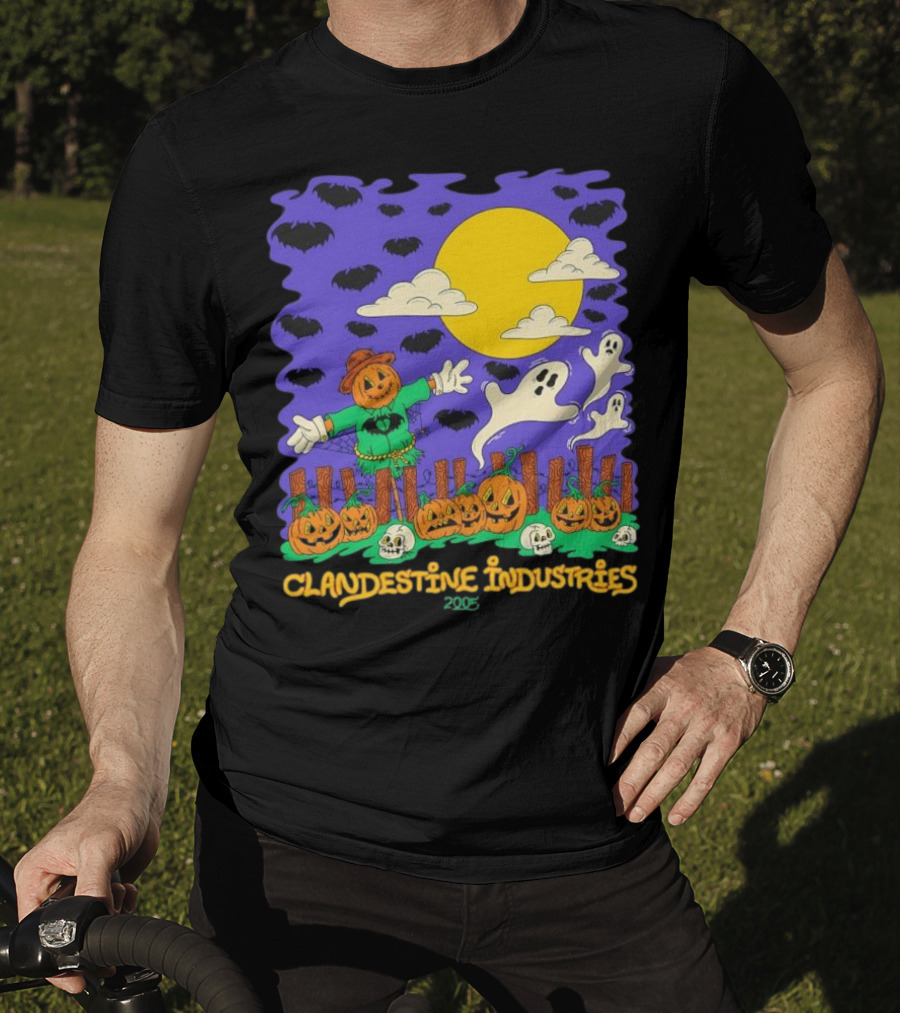 Clandestine Industries 2005 Halloween Scarecrow Ghosts Pumpkins Bats T-Shirt