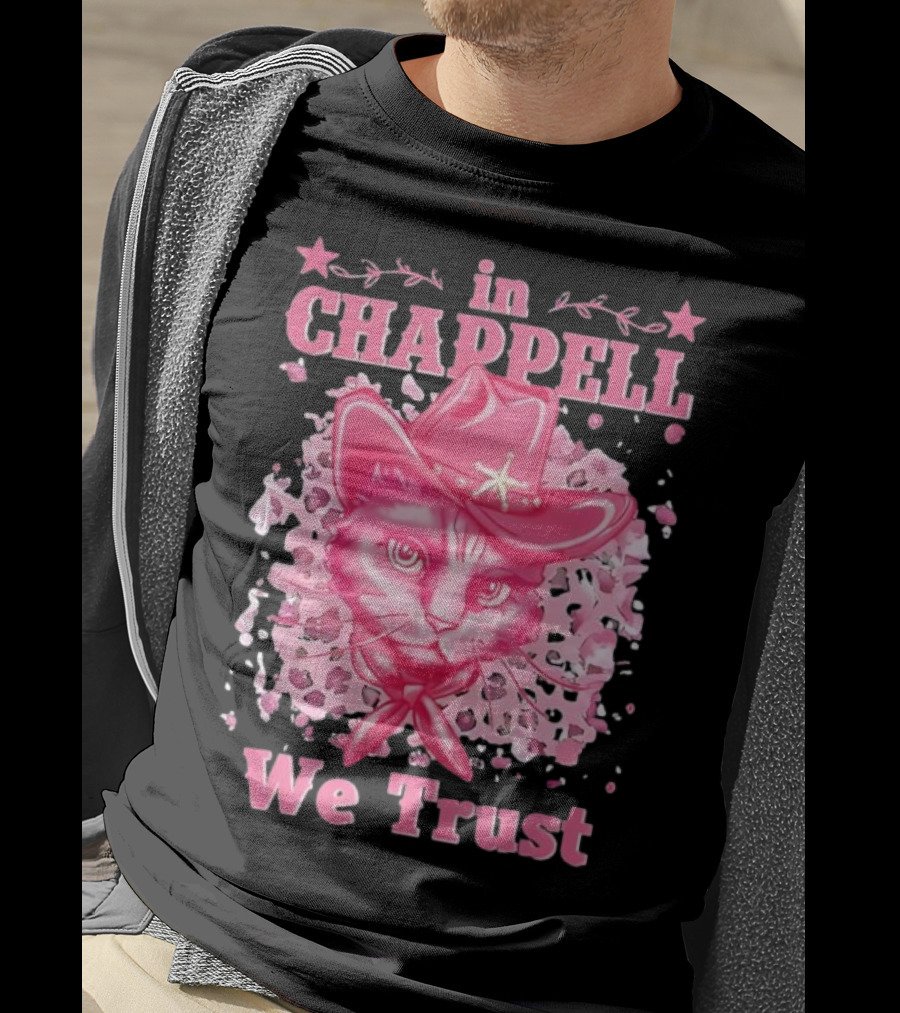 Cute Retro Cat In Chappell We Trust Cowboy Hat Pink Stars T-Shirt