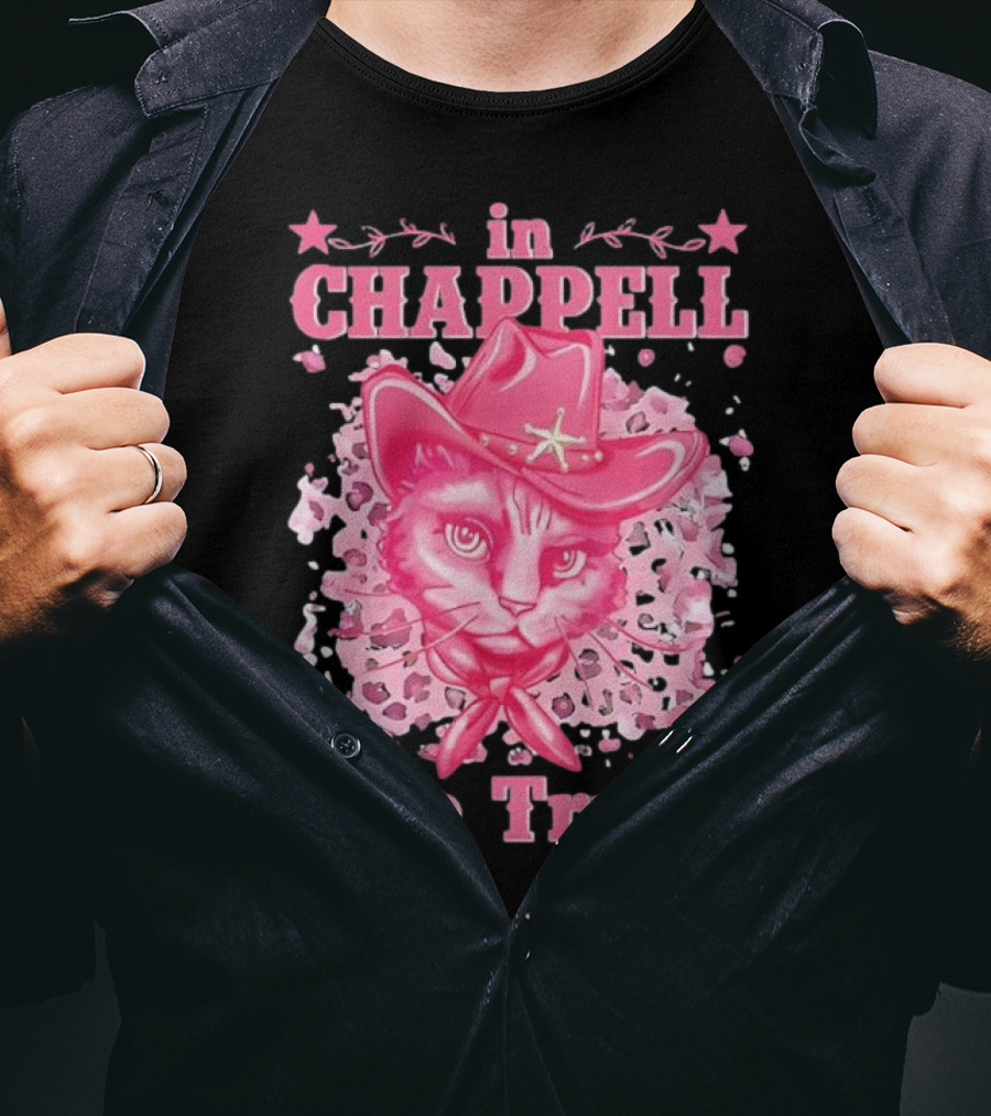 Cute Retro Cat In Chappell We Trust Cowboy Hat Pink Stars T-Shirt