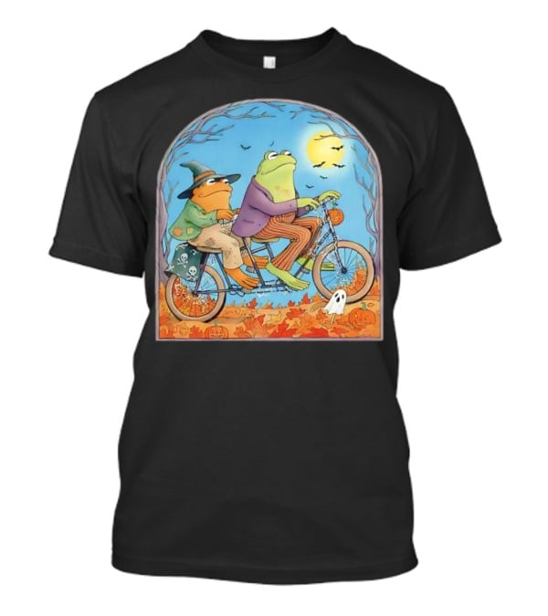 Vintage Frog And Toad Halloween Tandem Bike Moonlit Scene T-Shirt
