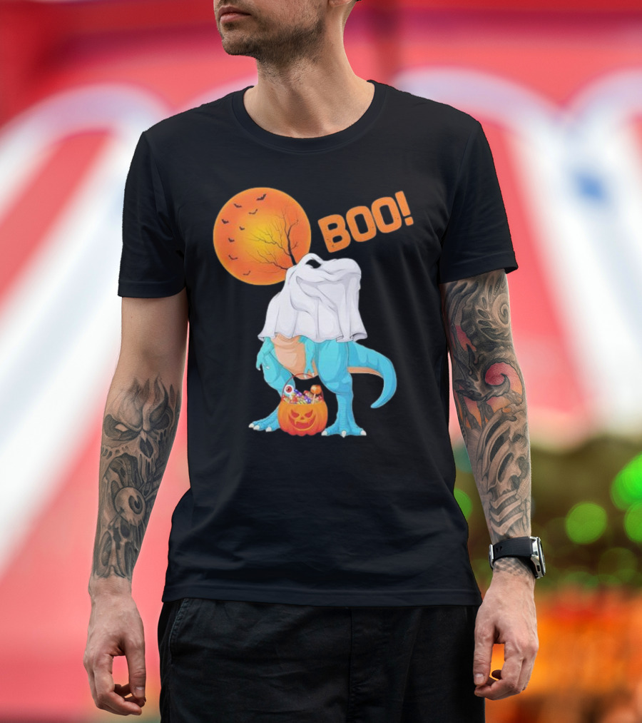 Ghost Dinosaur Rex Boo Halloween Pumpkin Boys Men T-Shirt
