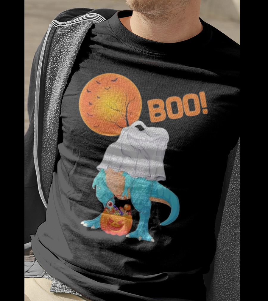 Ghost Dinosaur Rex Boo Halloween Pumpkin Boys Men T-Shirt