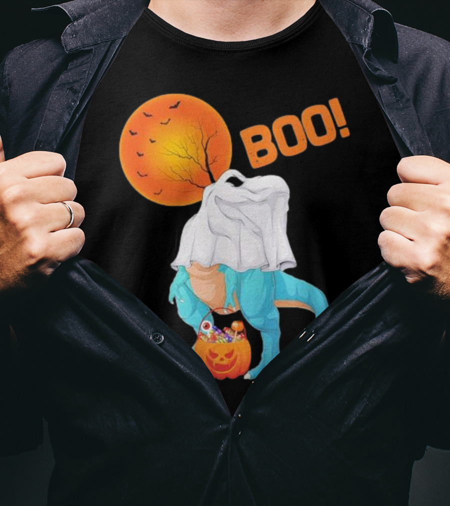 Ghost Dinosaur Rex Boo Halloween Pumpkin Boys Men T-Shirt