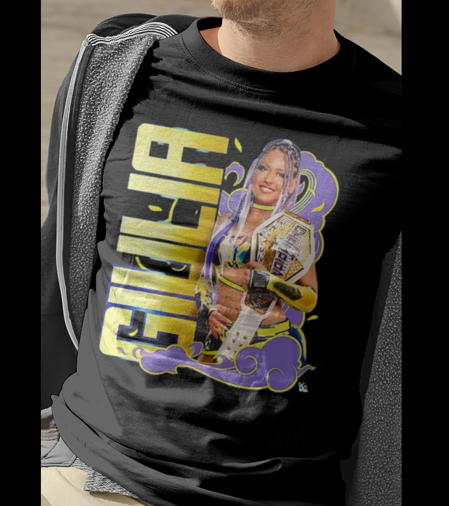 Giulia Smoke Champion Wrestling Character With Belt And Yellow Purple Accents T-Shirt