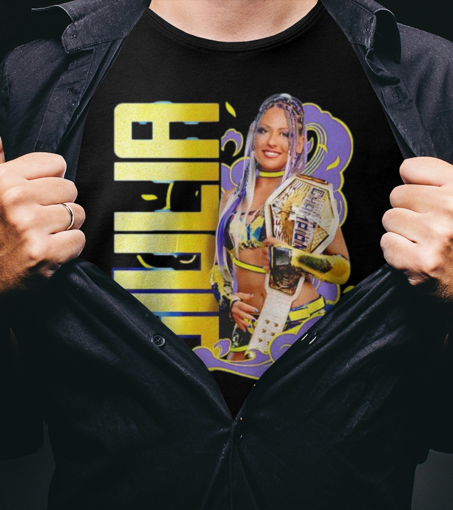 Giulia Smoke Champion Wrestling Character With Belt And Yellow Purple Accents T-Shirt