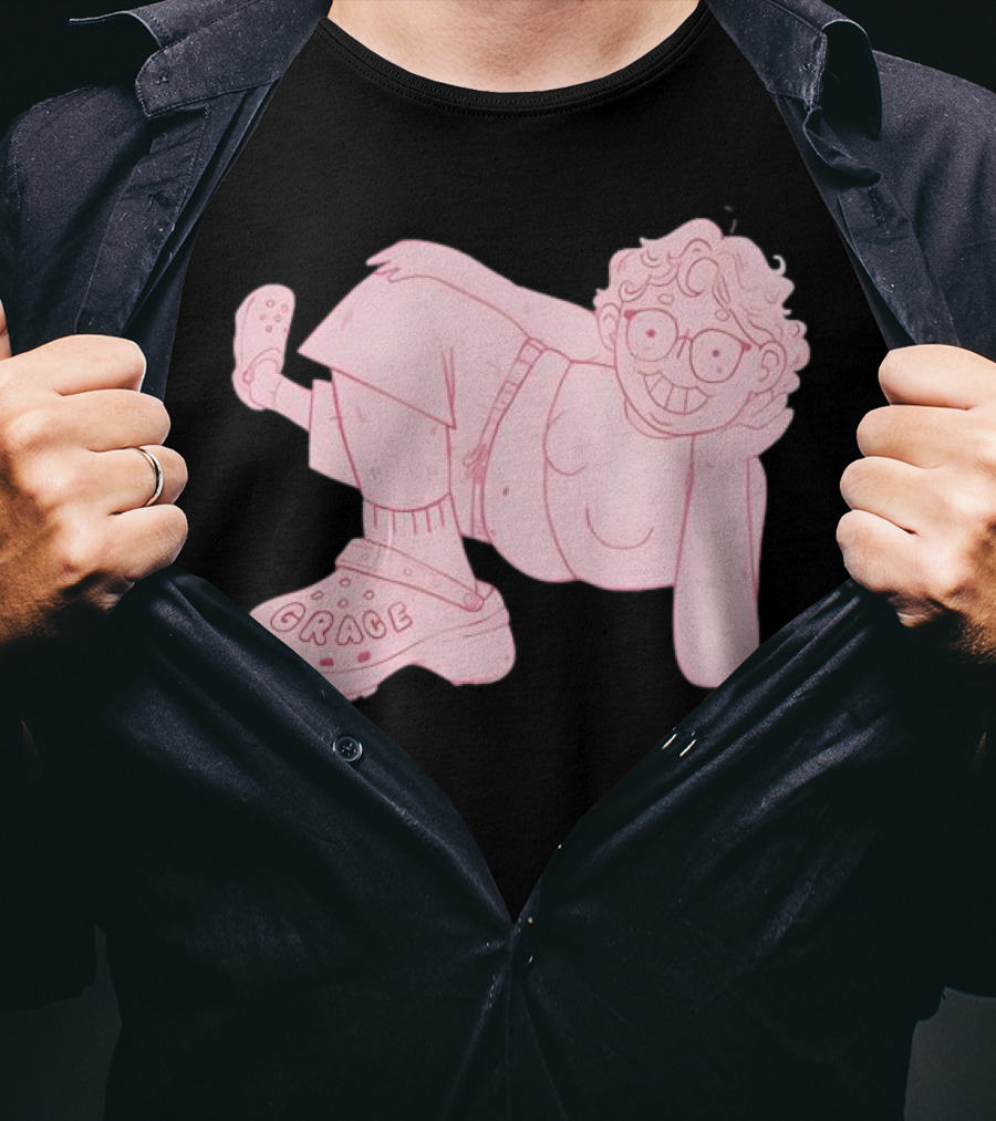 Grace Reiter Crocs Cartoon Character With Pink Outfit And Glasses T-Shirt