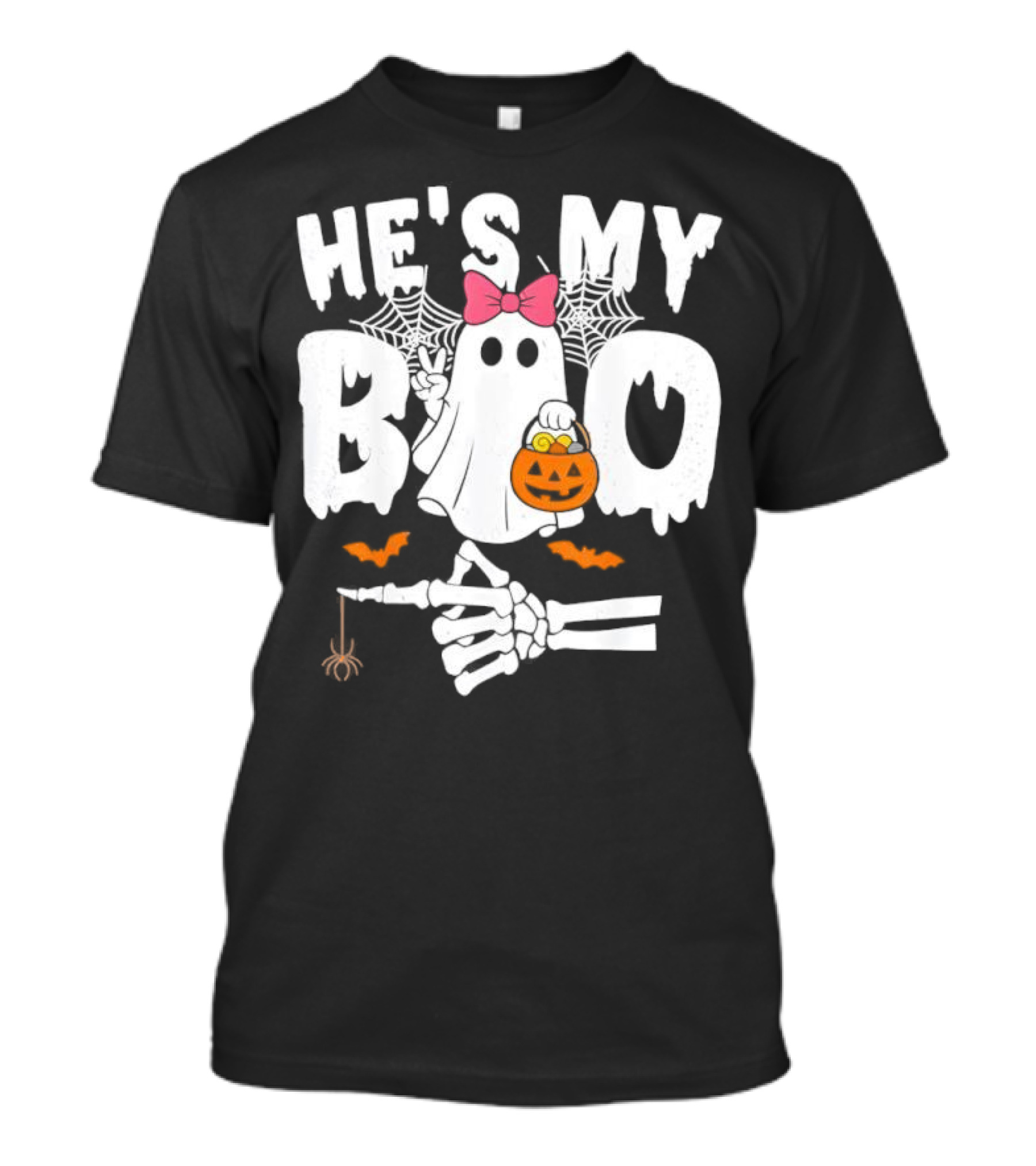 He’s My Boo Pink Bow Ghost With Pumpkin Candy Basket And Skeleton Hand Halloween T-Shirt