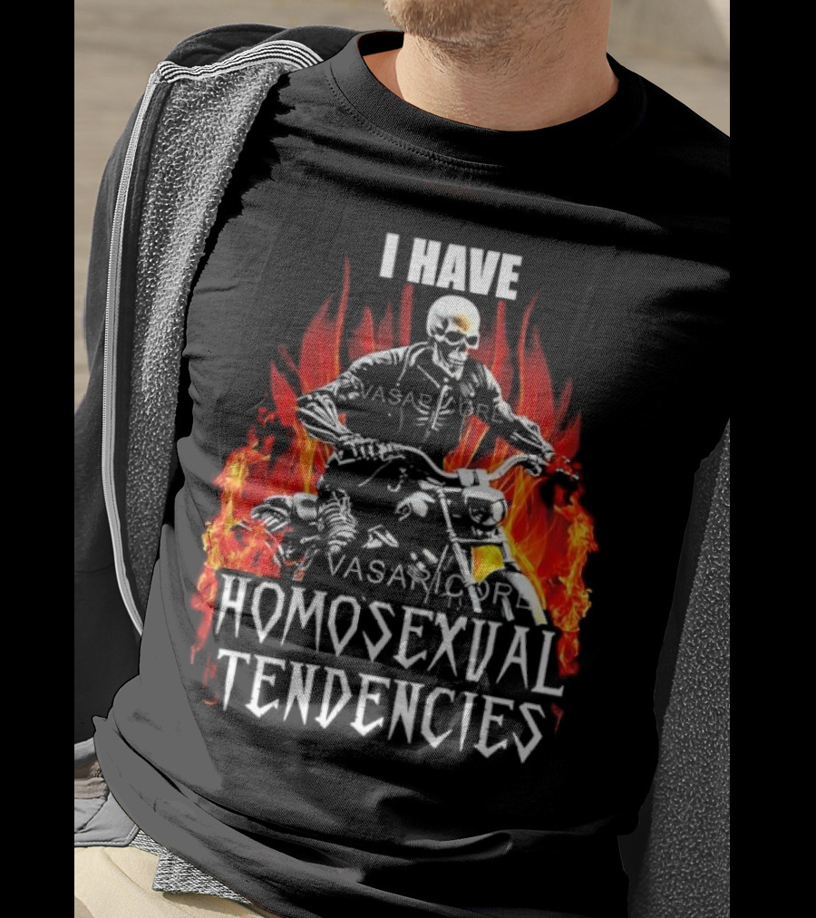 I Have Homosexual Tendencies Skeleton Motorcycle Flaming Background T-Shirt