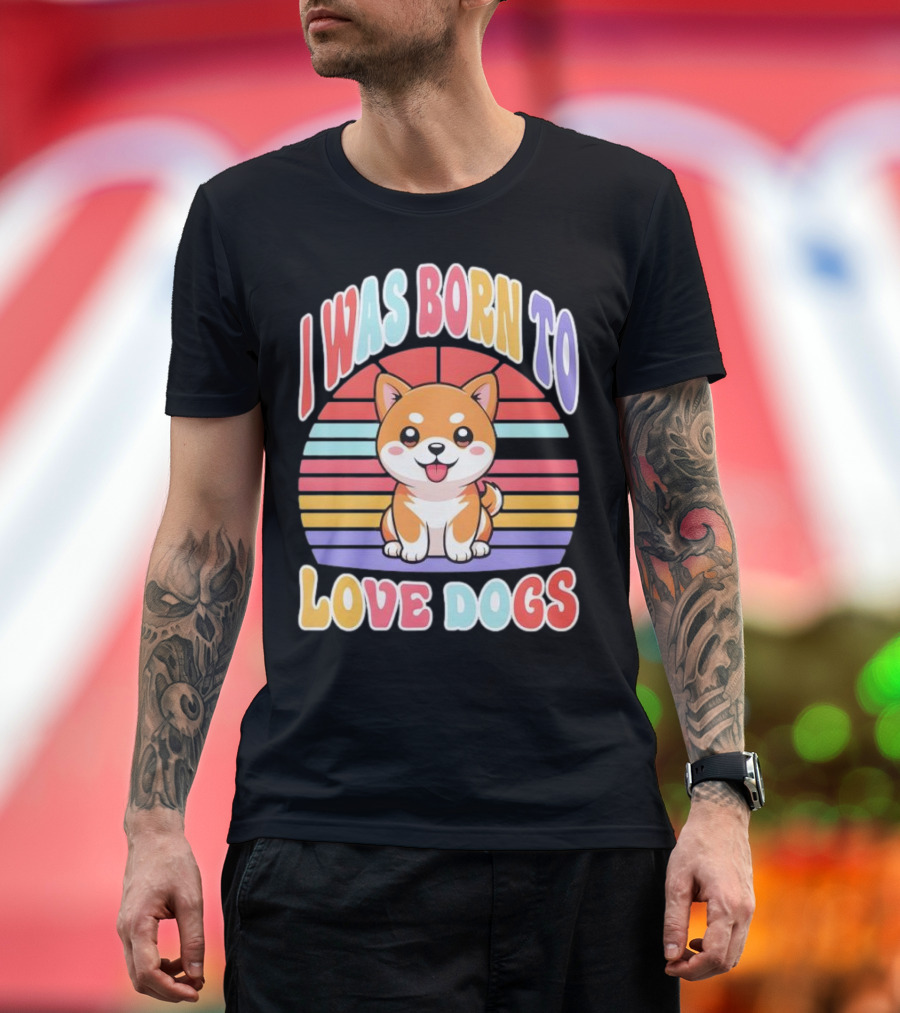 I Was Born To Love Dogs Cute Cartoon Shiba Inu Rainbow Colors T-Shirt