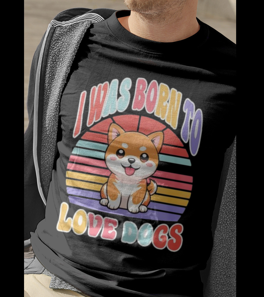 I Was Born To Love Dogs Cute Cartoon Shiba Inu Rainbow Colors T-Shirt