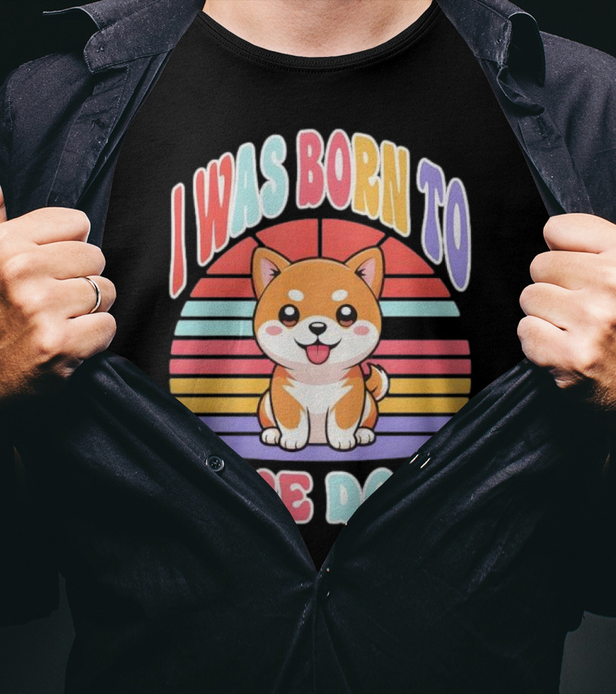 I Was Born To Love Dogs Cute Cartoon Shiba Inu Rainbow Colors T-Shirt