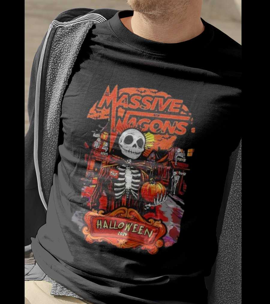 Massive Wagons Halloween 2023 Skeleton Pumpkin Spooky Street Scene T-Shirt