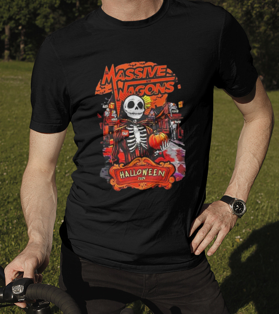 Massive Wagons Halloween 2023 Skeleton Pumpkin Spooky Street Scene T-Shirt