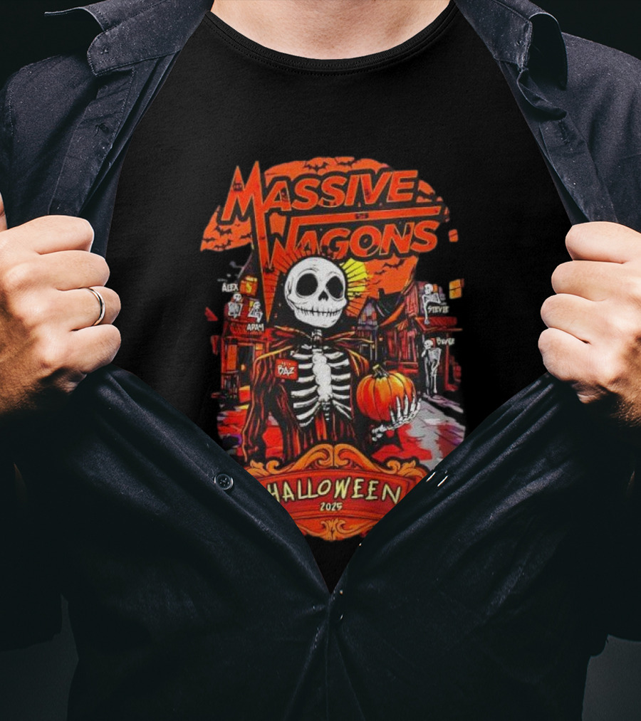 Massive Wagons Halloween 2023 Skeleton Pumpkin Spooky Street Scene T-Shirt