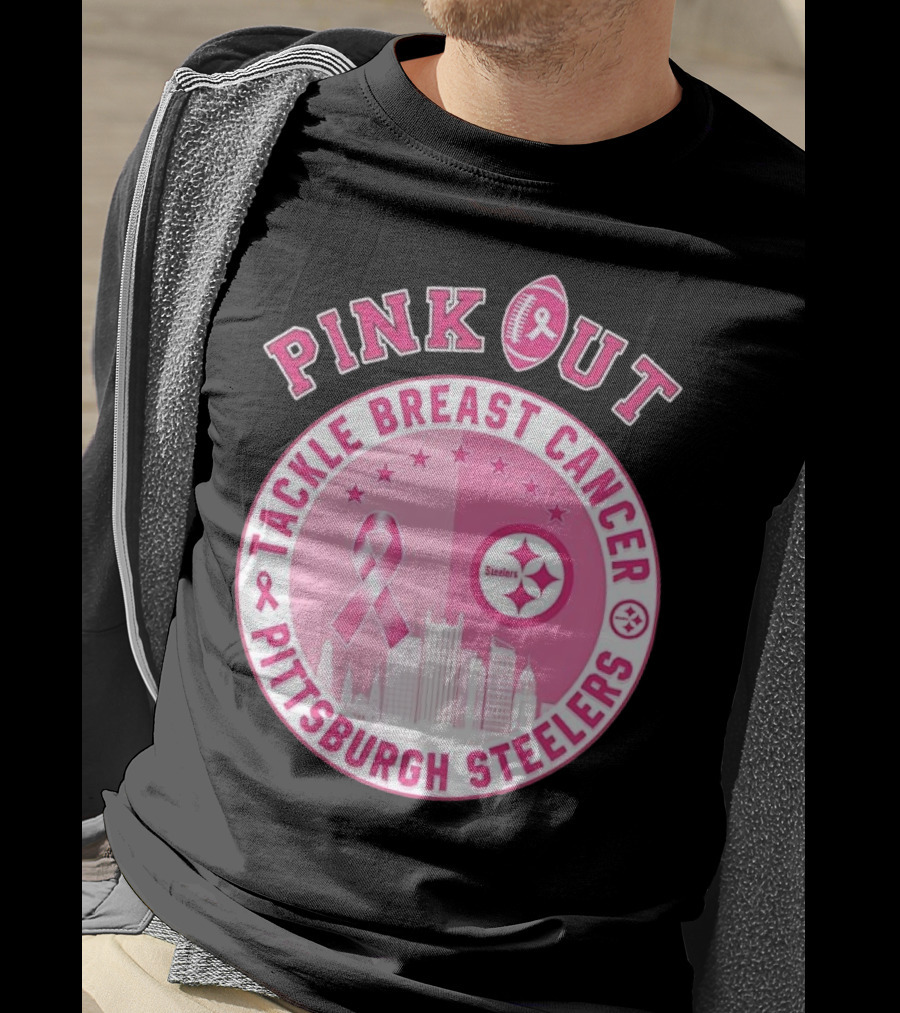 Pink Out Tackle Breast Cancer Pittsburgh Steelers Ribbon Awareness T-Shirt