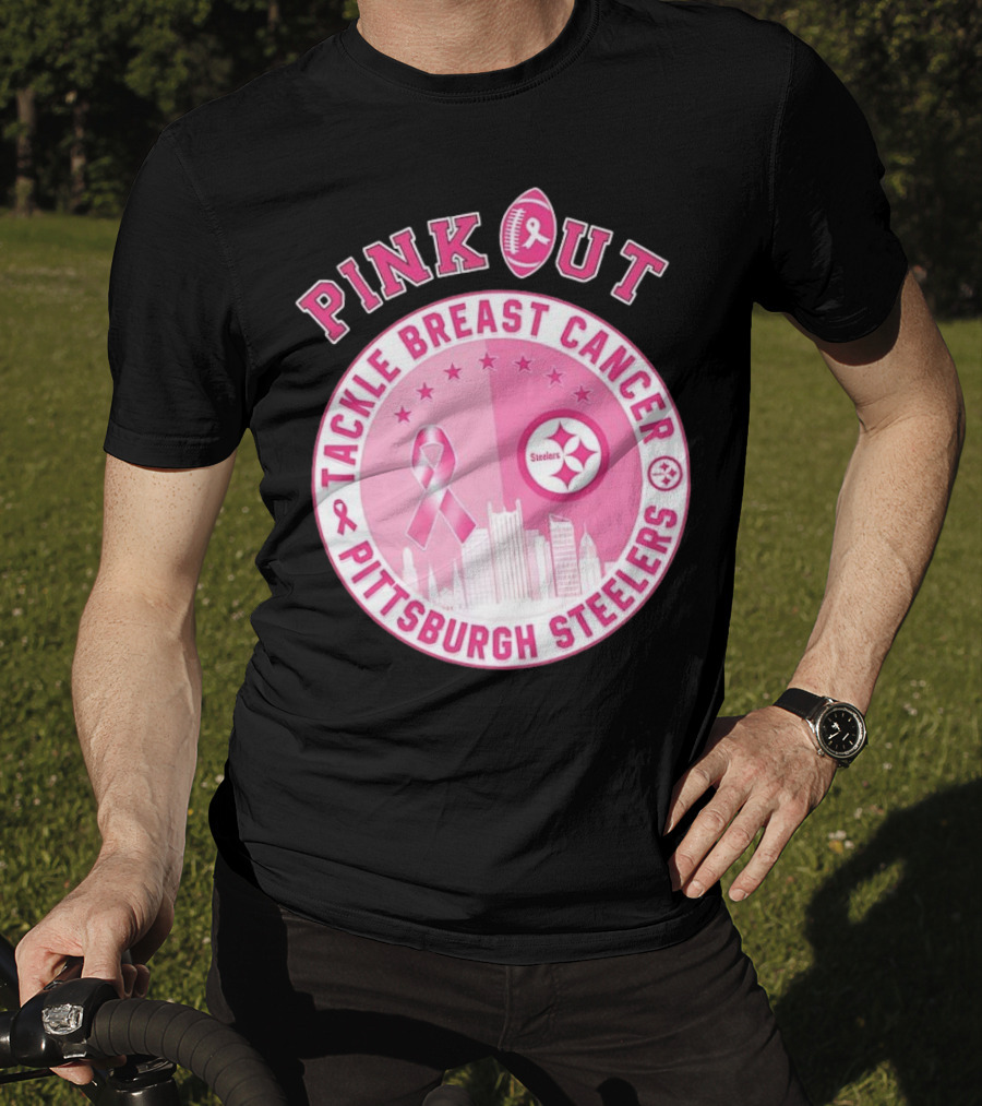 Pink Out Tackle Breast Cancer Pittsburgh Steelers Ribbon Awareness T-Shirt