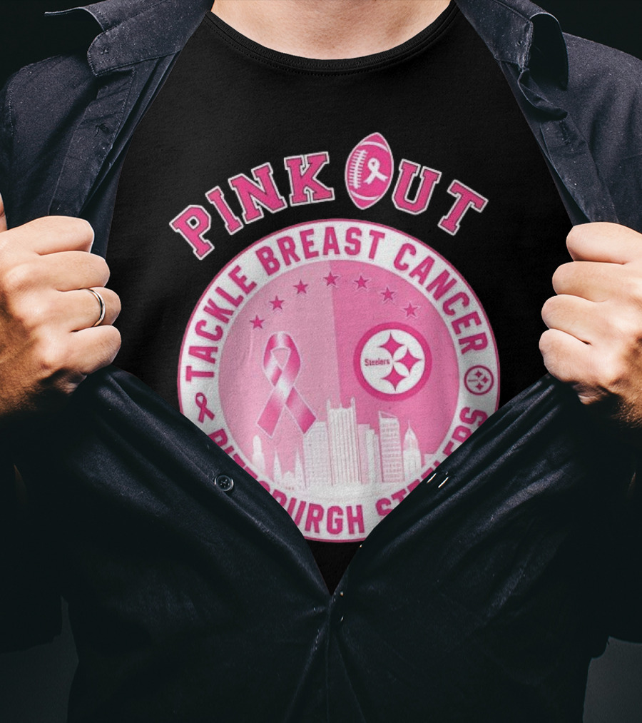 Pink Out Tackle Breast Cancer Pittsburgh Steelers Ribbon Awareness T-Shirt