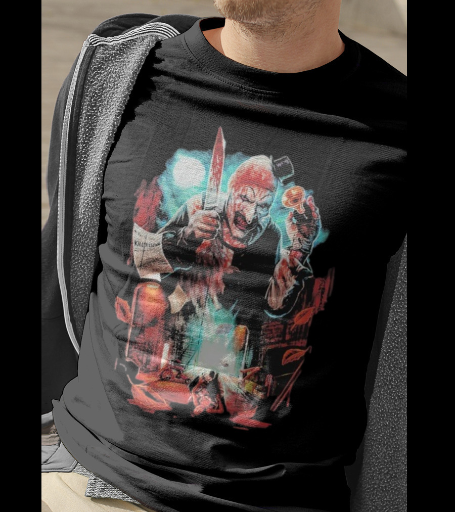 Terrifier Jokes On You Bloodstained Killer Clown With Knife And Newspaper T-Shirt