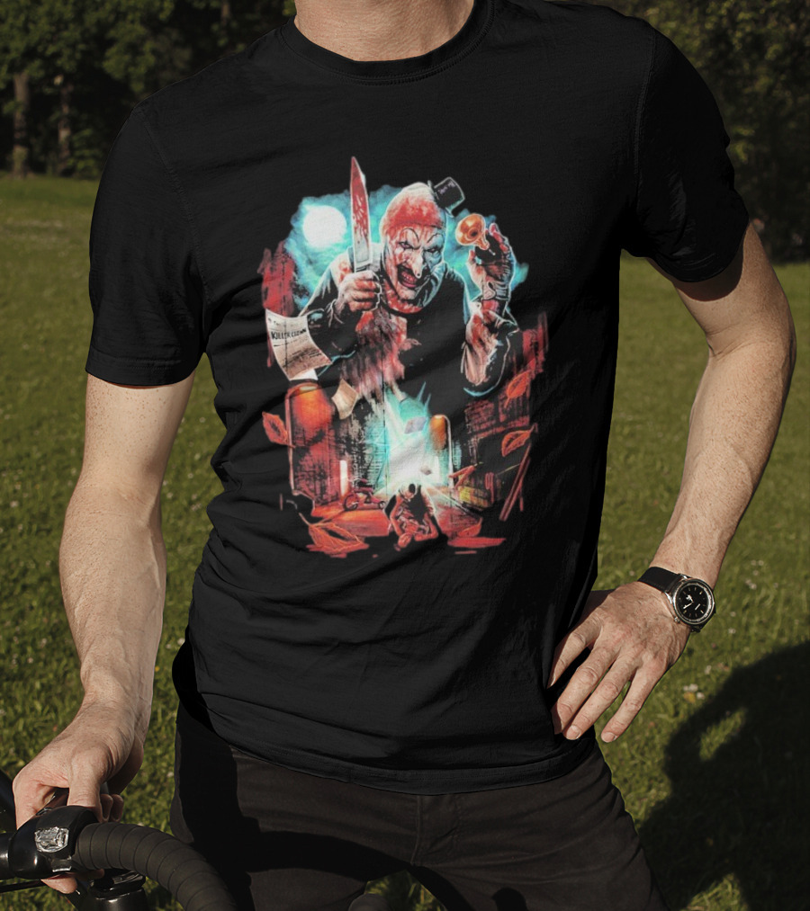 Terrifier Jokes On You Bloodstained Killer Clown With Knife And Newspaper T-Shirt