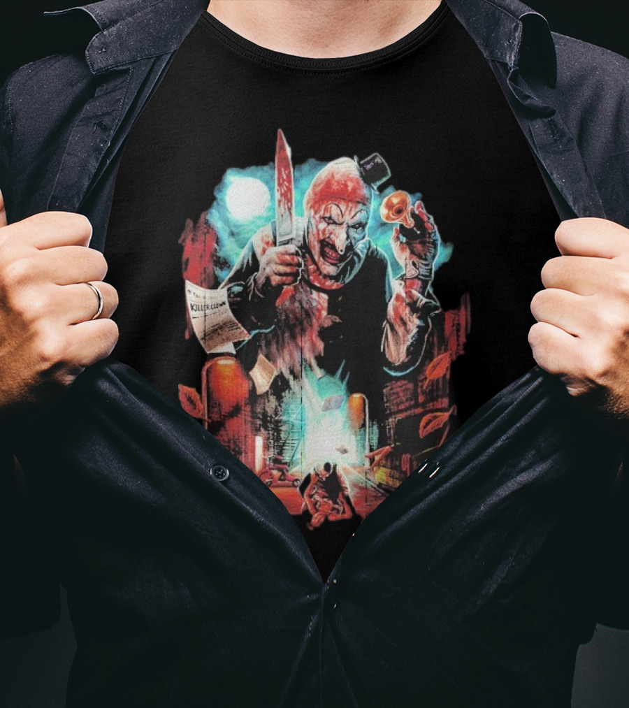 Terrifier Jokes On You Bloodstained Killer Clown With Knife And Newspaper T-Shirt