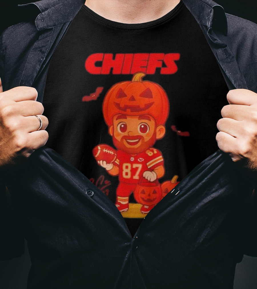 Travis Kelce Kansas City Chiefs Halloween 2025 Pumpkin Football Player Costume 87 T-Shirt