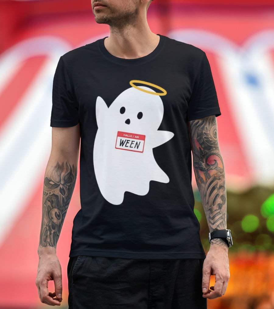 Hallo I Am Ween Ghost With Halo And Happy Halloween Name Tag T-Shirt