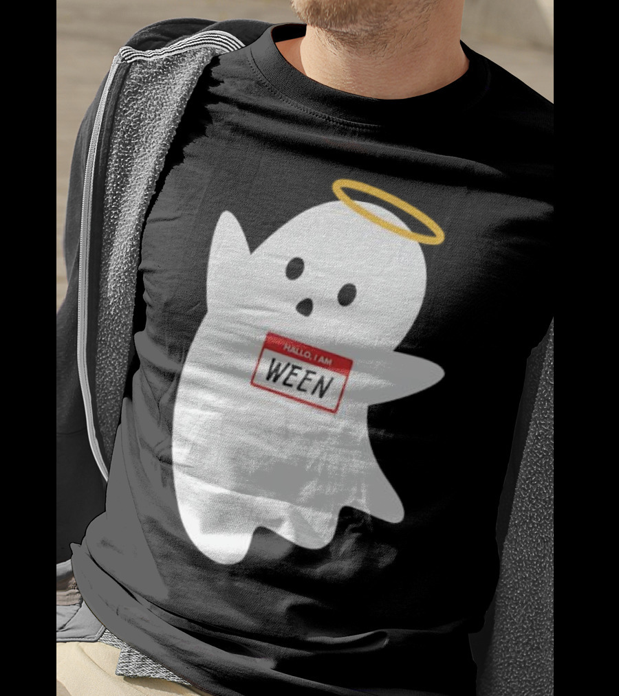 Hallo I Am Ween Ghost With Halo And Happy Halloween Name Tag T-Shirt