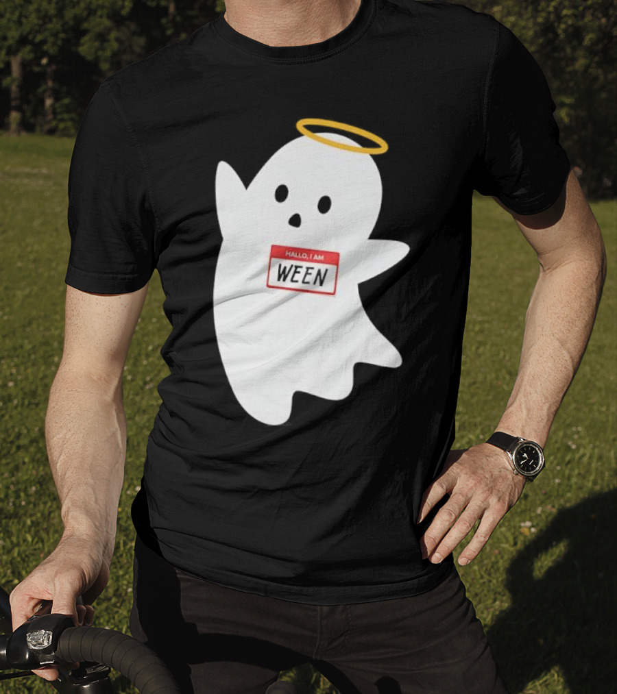 Hallo I Am Ween Ghost With Halo And Happy Halloween Name Tag T-Shirt