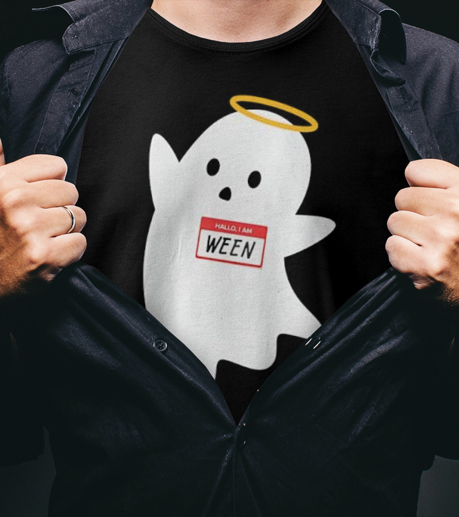 Hallo I Am Ween Ghost With Halo And Happy Halloween Name Tag T-Shirt