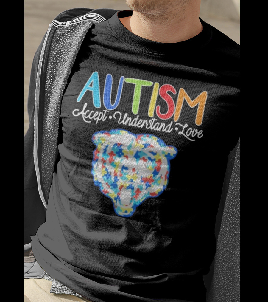 Chicago Bears Autism Accept Understand Love Puzzle Piece Bear T-Shirt