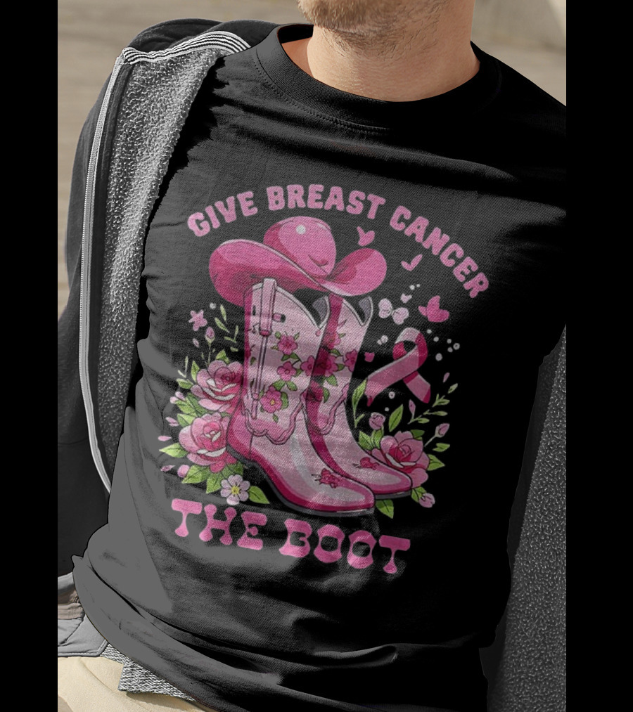 Vintage Pink Cowboy Boots Floral Breast Cancer Awareness T-Shirt
