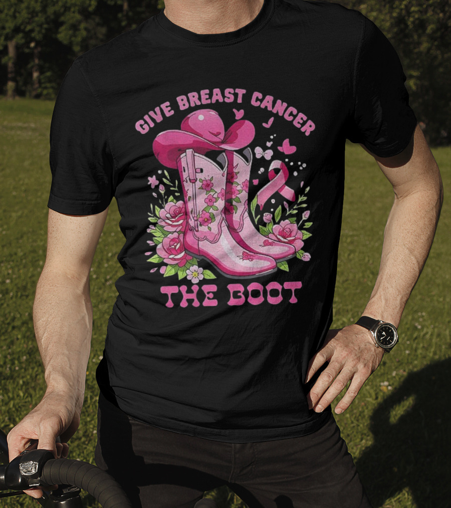Vintage Pink Cowboy Boots Floral Breast Cancer Awareness T-Shirt