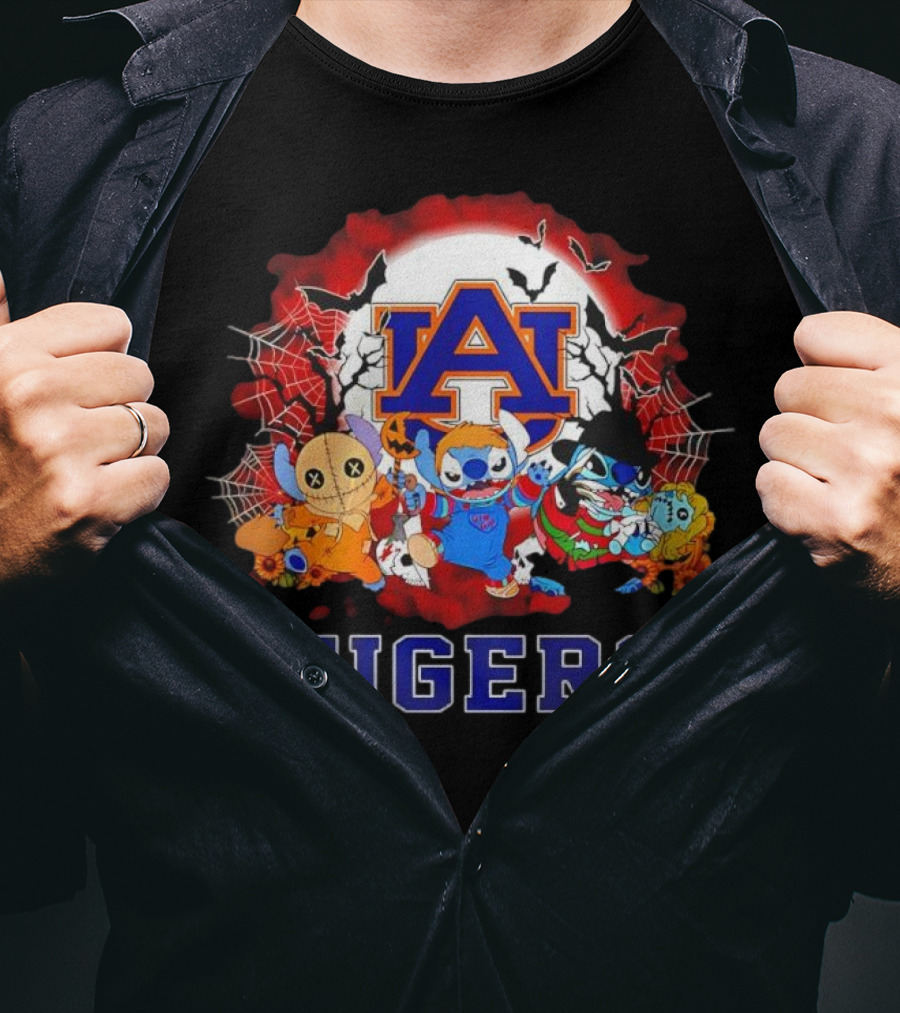 Lilo & Stitch Auburn Tigers Halloween Costumes With Spider Webs And Bats T-Shirt