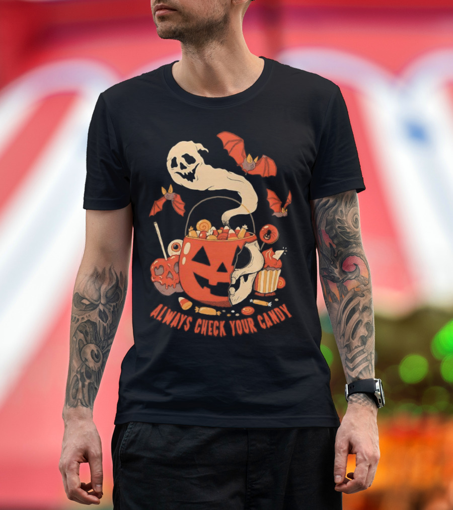 Halloween Always Check Your Candy Spooky Jack-O'-Lantern Ghost Bats And Sweets T-Shirt