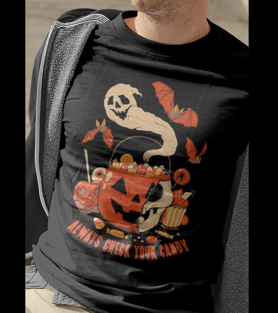 Halloween Always Check Your Candy Spooky Jack-O'-Lantern Ghost Bats And Sweets T-Shirt