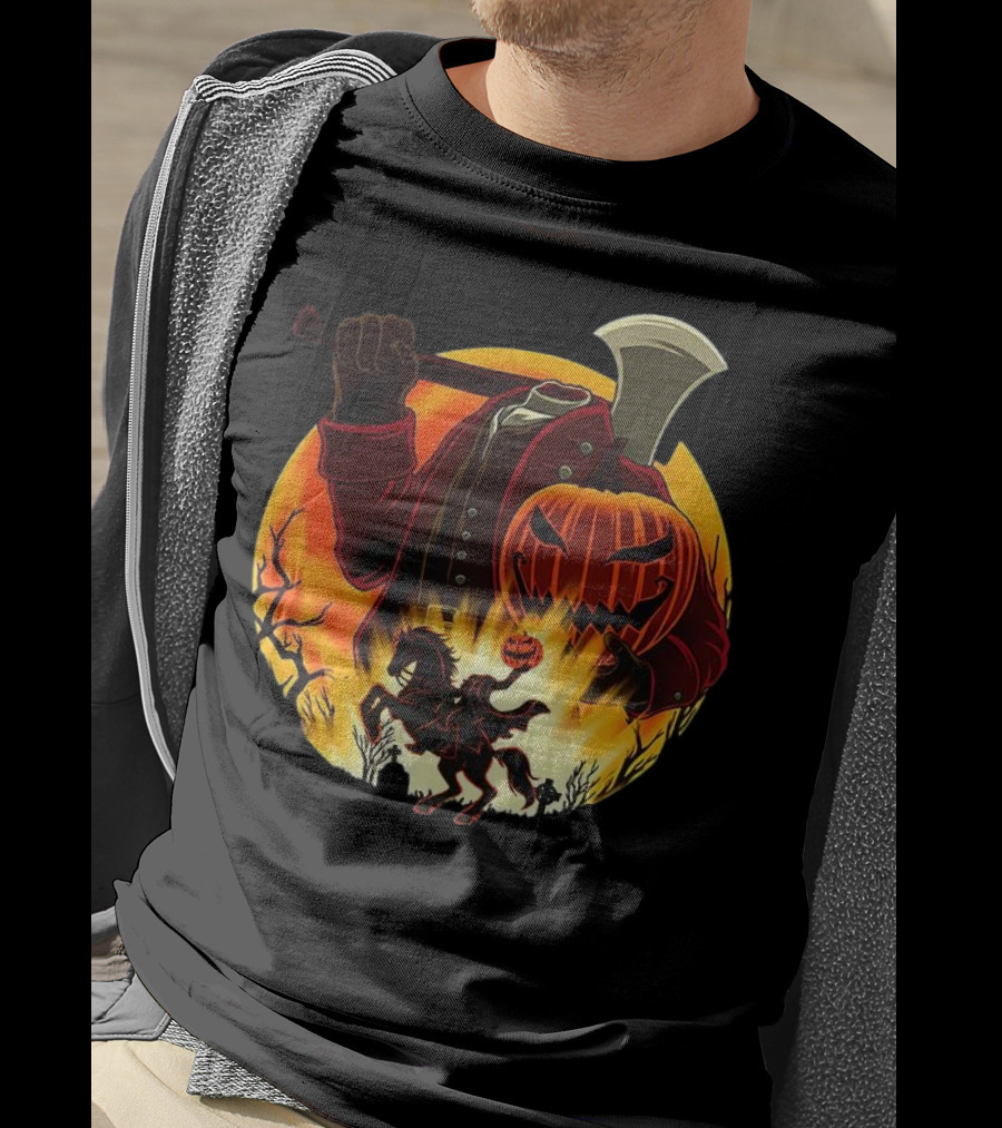 Headless Horseman Galloping Hessian Pumpkin Halloween Axe Rider T-Shirt