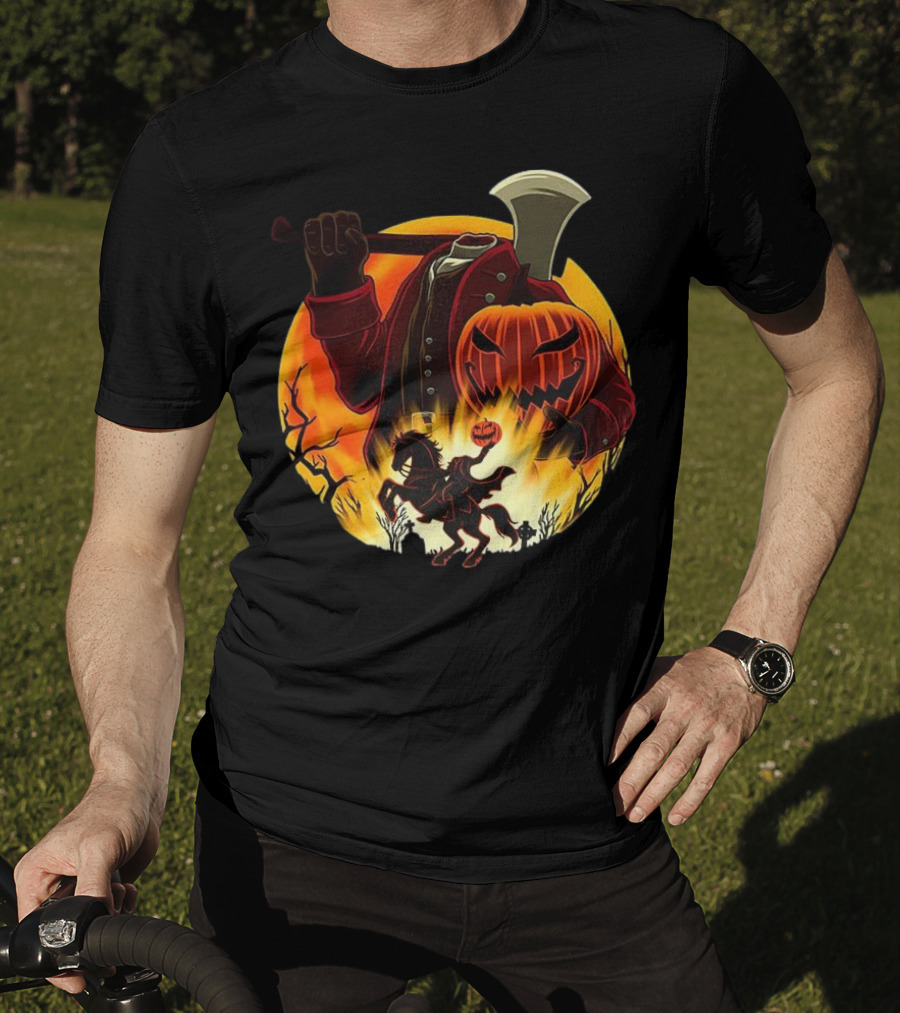 Headless Horseman Galloping Hessian Pumpkin Halloween Axe Rider T-Shirt