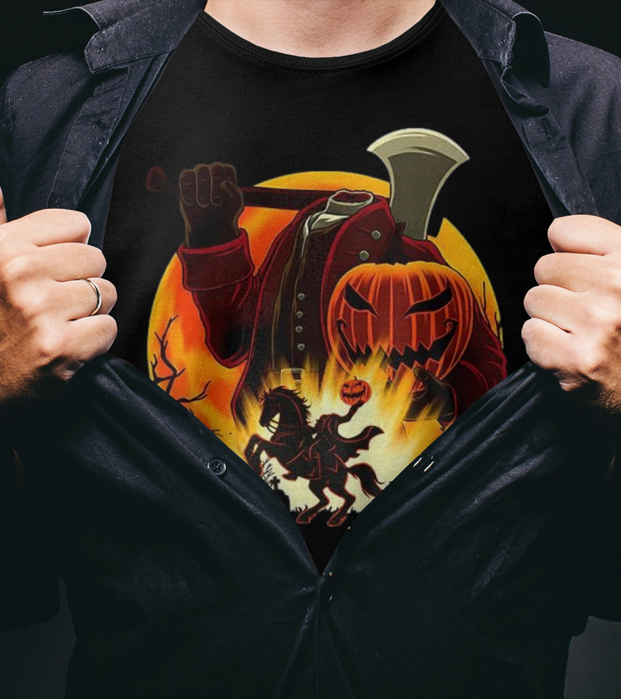 Headless Horseman Galloping Hessian Pumpkin Halloween Axe Rider T-Shirt